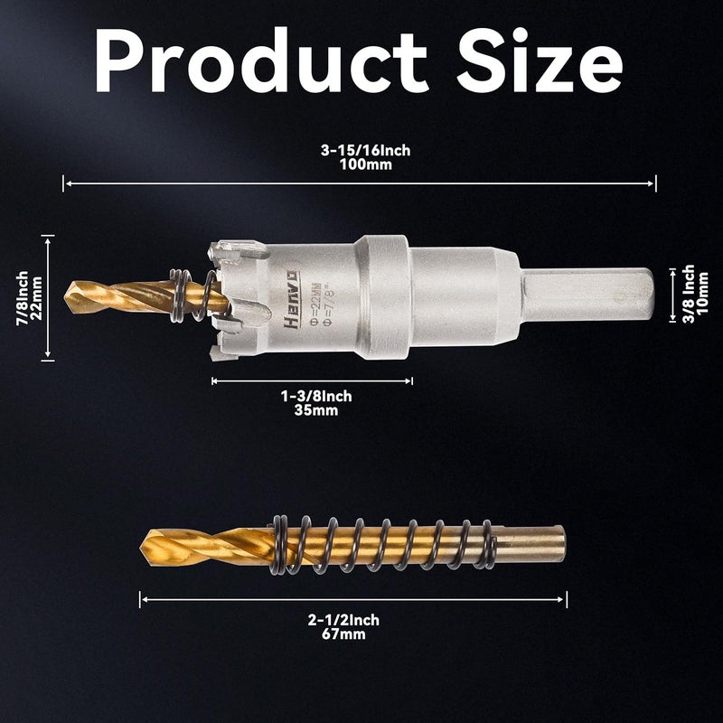 Henvo Hole Saw 7/8" (22mm) Heavy Duty Carbide with 2 Pilot Drill Bits - Metal Hole Cutter Cuts Stainless Steel, Iron, Copper, Brass, Plastic - Image 2
